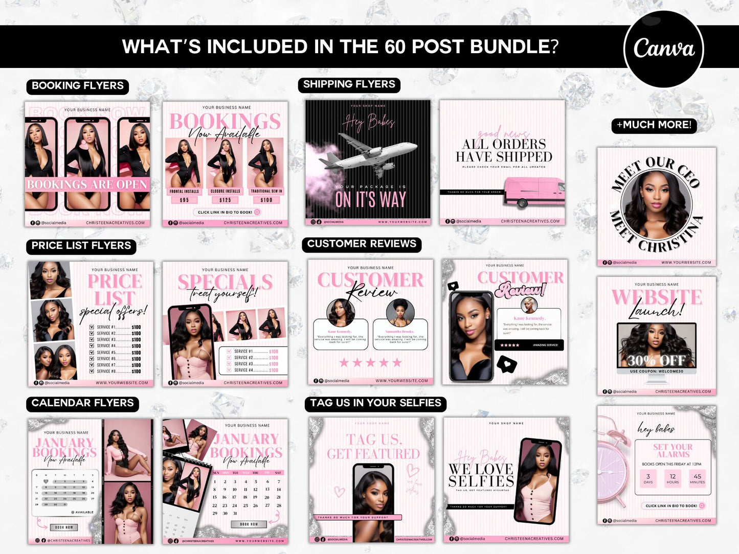 60 Social Media Bundle | Appointment Flyer | Book Now Flyer | Monthly Booking Flyer | DIY Canva Flyer | Hairstylist, Nail, Lash, MUA, Salon